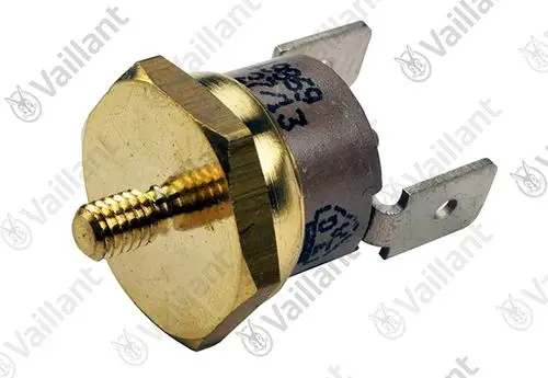 Sicherheitstemperaturbegrenzer mit metallischem Gehäuse und elektrischen Anschlüssen, Marke Vaillant. Geeignet für die Verwendung in Heizungsanlagen.
